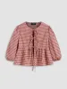 100% Cotton Round Neckline Gingham Tie Front Long Sleeve Blouse sold by Cider