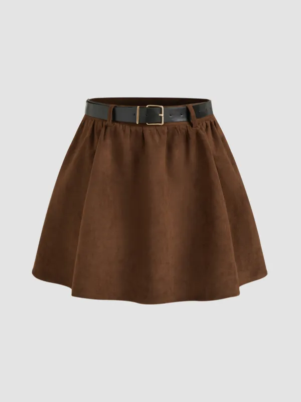 Suede Mid Rise Solid Ruffle Mini Skirt With Belt made by Cider