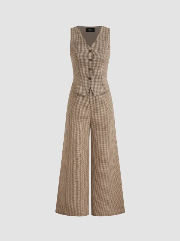 Cotton-blend V-neck Gingham Button Pocket Wide Leg Jumpsuit sold by Cider