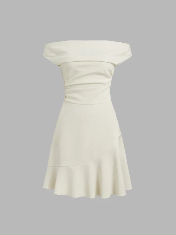 Off-shoulder Solid Ruched Ruffle Midi Dress sold by Cider