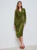 V-neck Solid Ruched Knotted Midi Dress sold by Cider