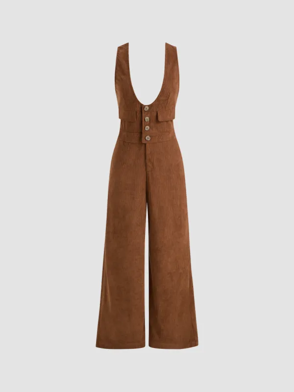 Corduroy Scoop Neckline Solid Button Pocket Jumpsuit sold by Cider