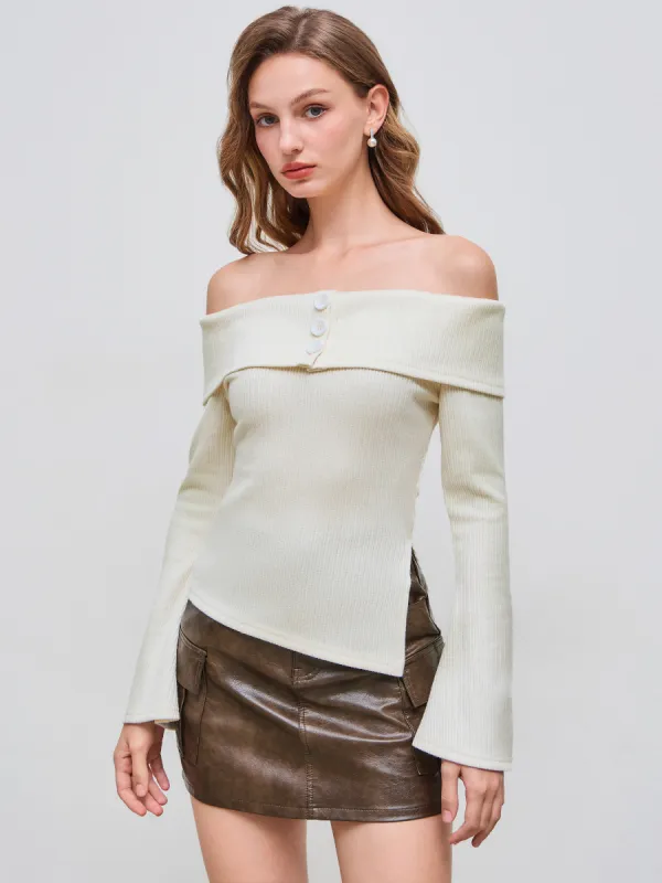 Off-shoulder Solid Long Sleeve Top sold by Cider