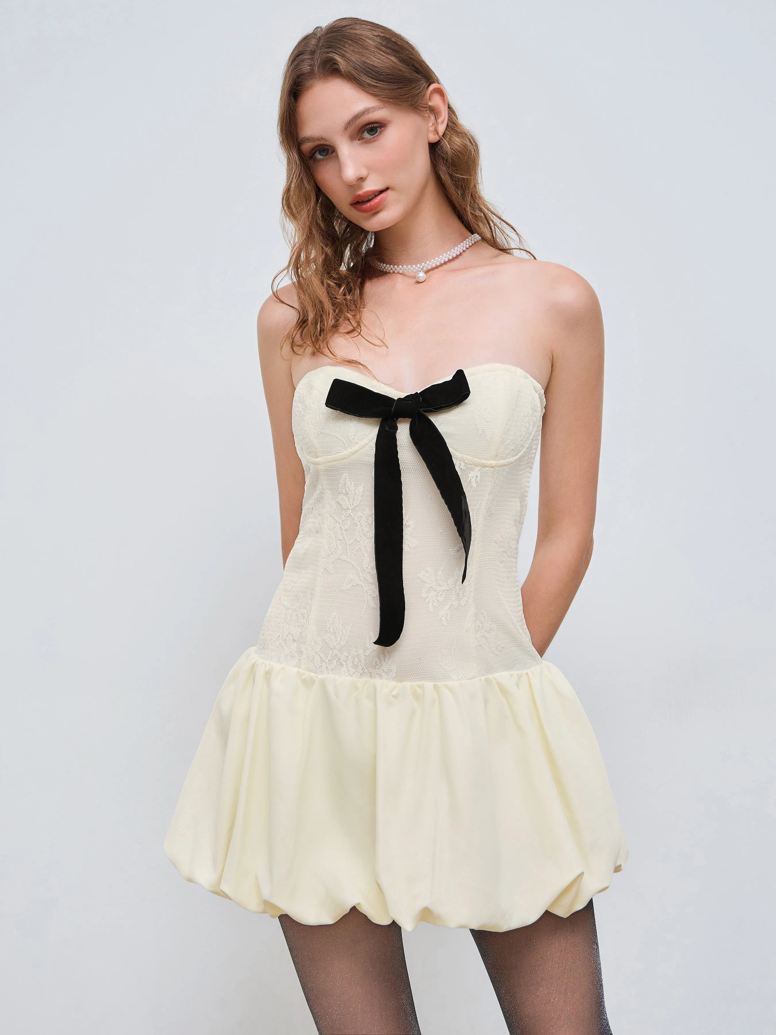 Lace Floral Bowknot Bubble Hem Mini Dress sold by Cider