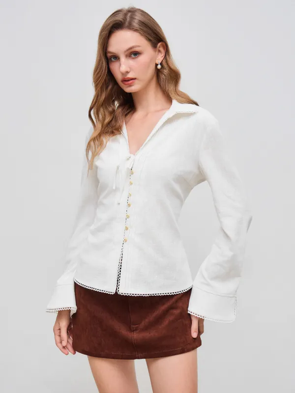Linen-blend Collar Solid Tie Front Long Sleeve Blouse sold by Cider