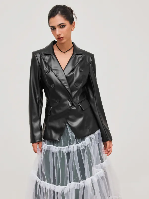 Faux Leather Collar Solid Button Pocket Blazer sold by Cider