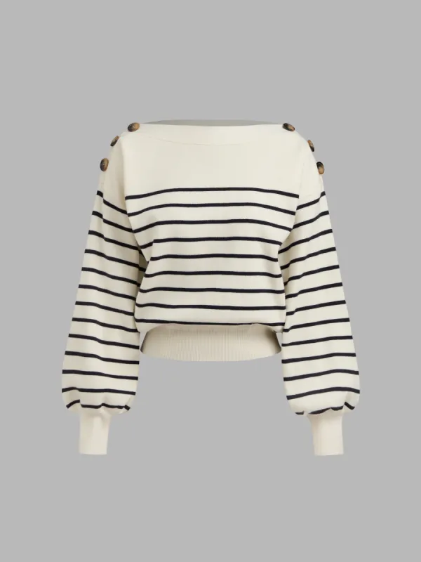 Knit Boat Neck Striped Button Long Sleeve Top sold by Cider