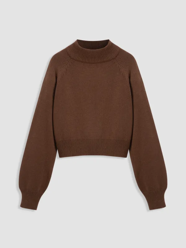 Knit Wool-blend High Neck Solid Long Sleeve Crop Sweater sold by Cider