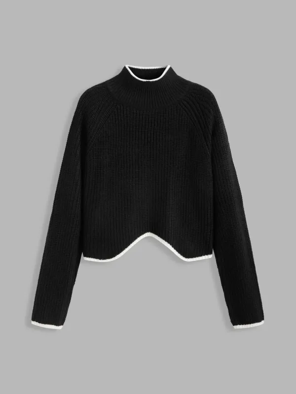 Knit High Neck Solid Contrasting Binding Oversized Long Sleeve Crop Top sold by Cider