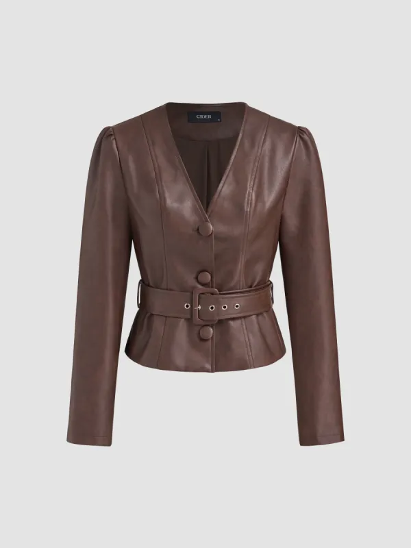 Faux Leather V-neck Solid Button Jacket With Belt sold by Cider