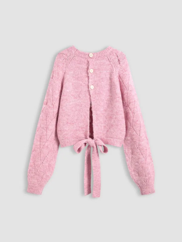 Knit Round Neckline Hollow Out Rhombus Knotted Long Sleeve Top sold by Cider