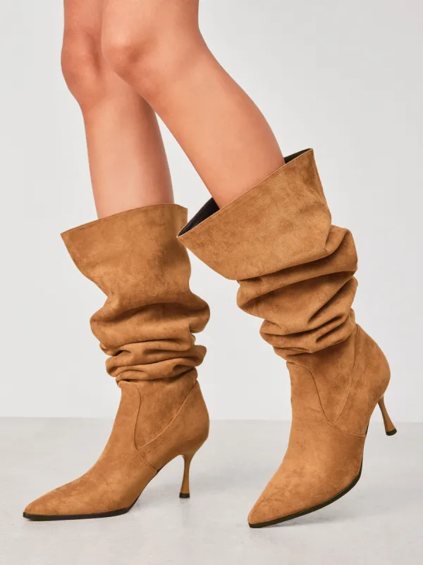 SUEDE STILETTO RUCHED KNEE HIGH BOOTS sold by Cider