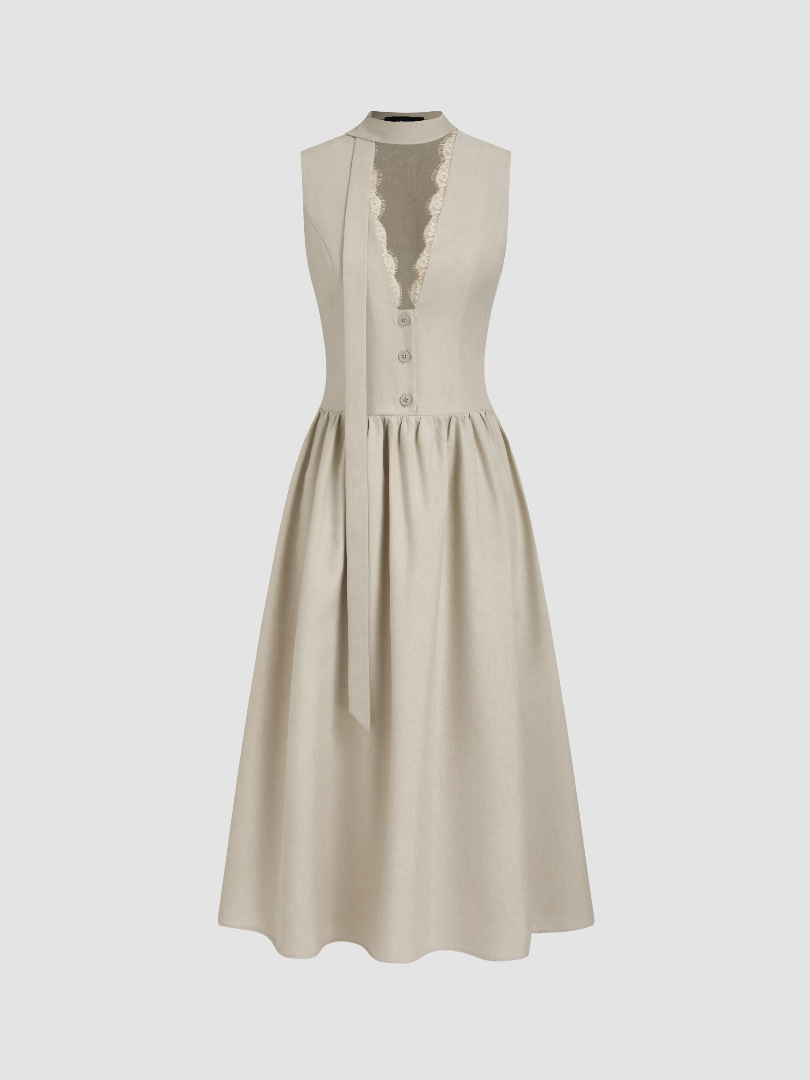 Deep V Neck Lace Trim Midi Dress sold by Cider