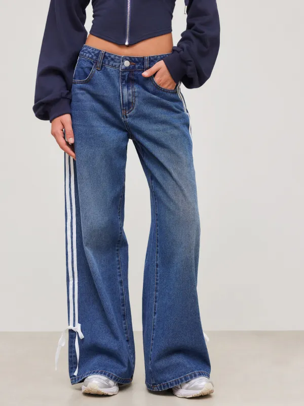 Denim Low Rise Side Striped Bowknot Pocket Wide Leg Jeans sold by Cider