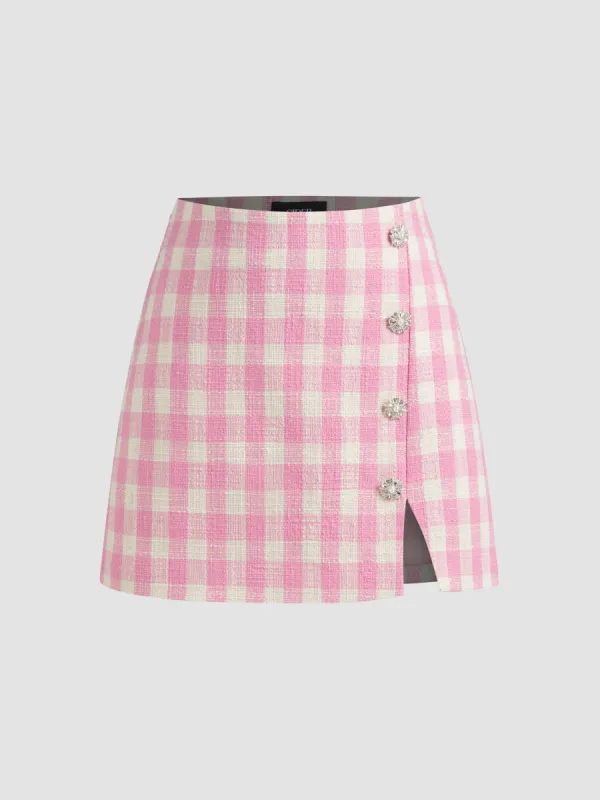 Tweed Mid Rise Gingham Pearl Button Mini Skirt sold by Cider