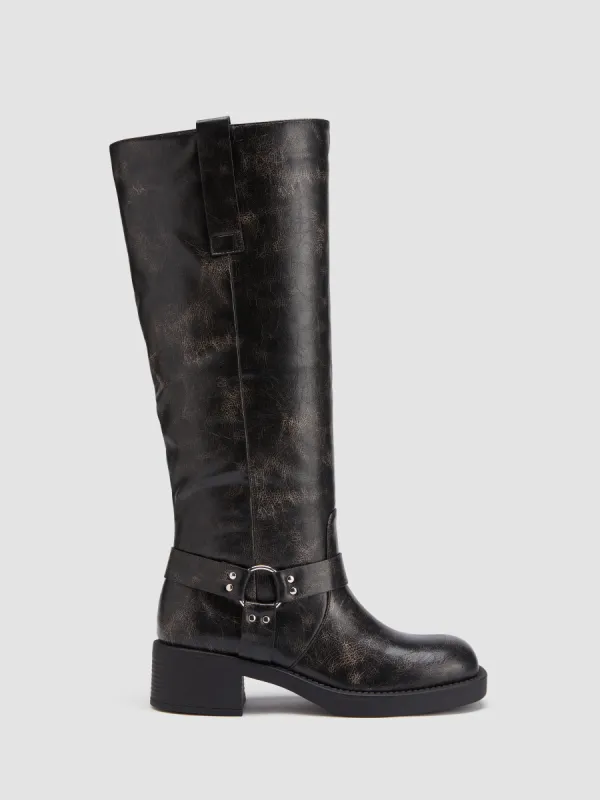 BUCKLE DISTRESSED KNEE HIGH BOOTS sold by Cider