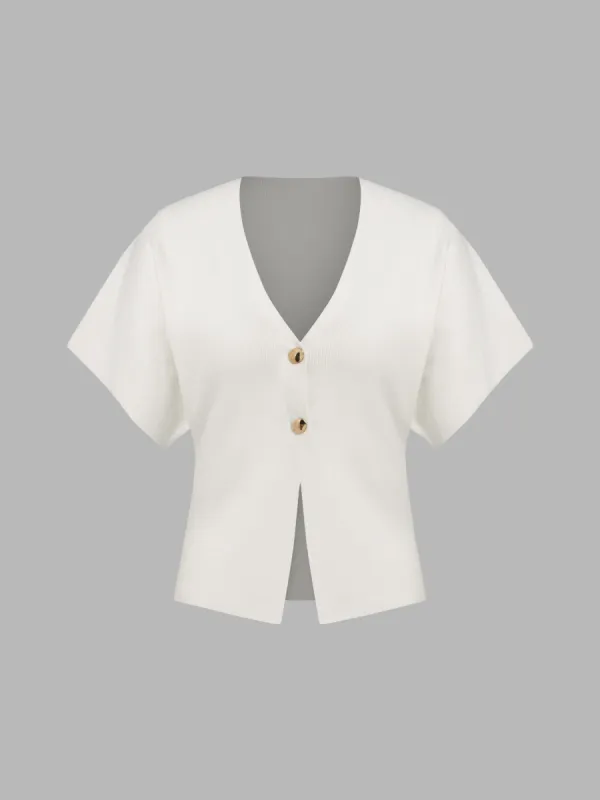 Knit V-neck Solid Button Split Middle Sleeve Top sold by Cider