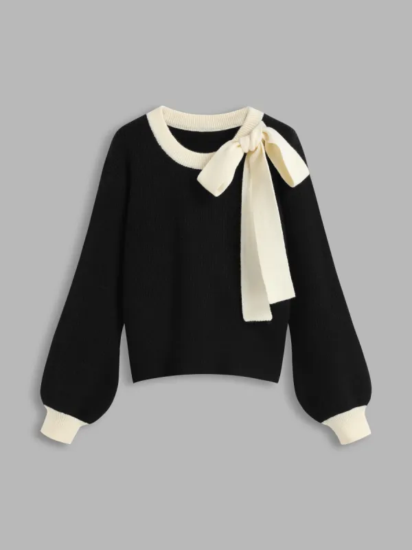 Knit Round Neckline Contrasting Binding Bowknot Long Sleeve Top sold by Cider