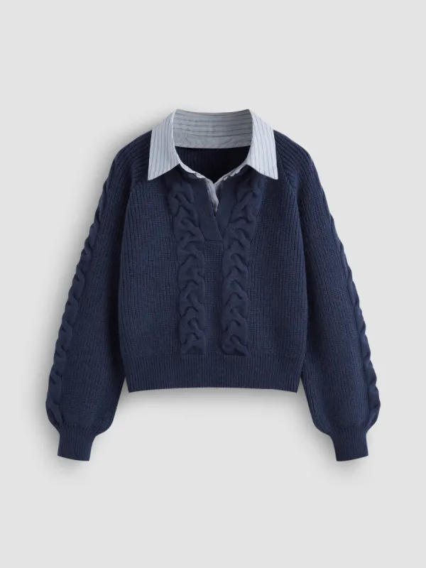 Cable Knit Collar Two Tone Long Sleeve Top sold by Cider