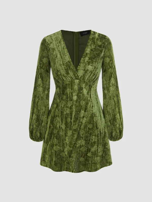 Velvet V-neck Floral Ruffle Mini Dress sold by Cider