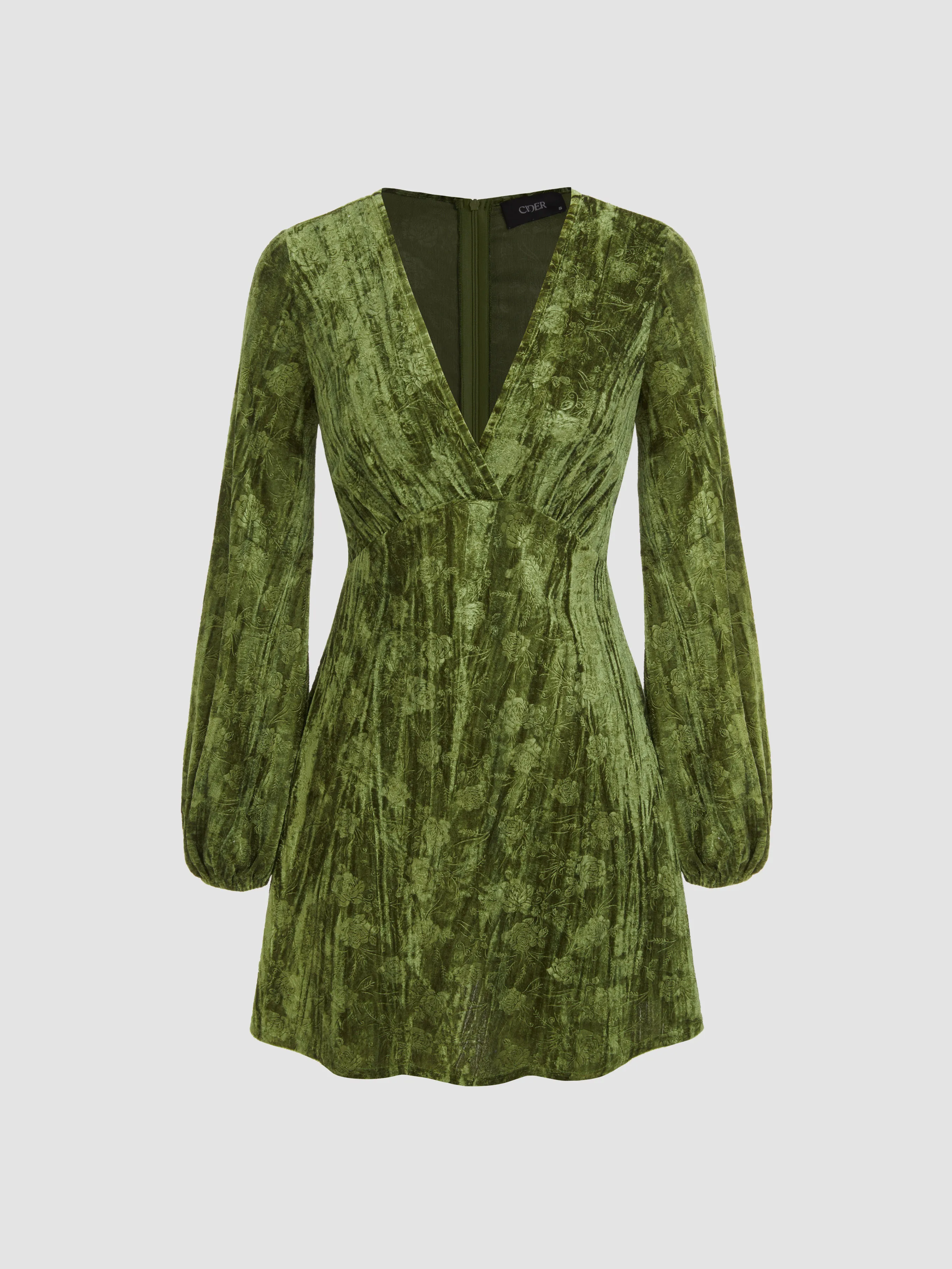 Velvet V-neck Floral Ruffle Mini Dress sold by Cider