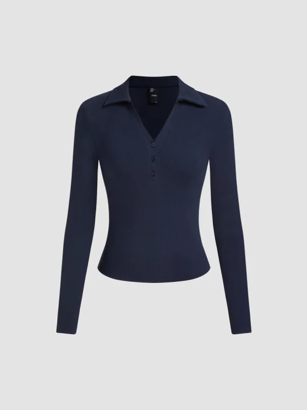 Cotton-blend V-neck Collar Button Long Sleeve Top sold by Cider