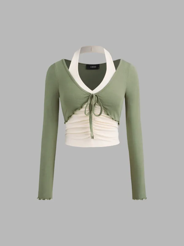V-neck Faux Two-piece Drawstring Long Sleeve Top sold by Cider