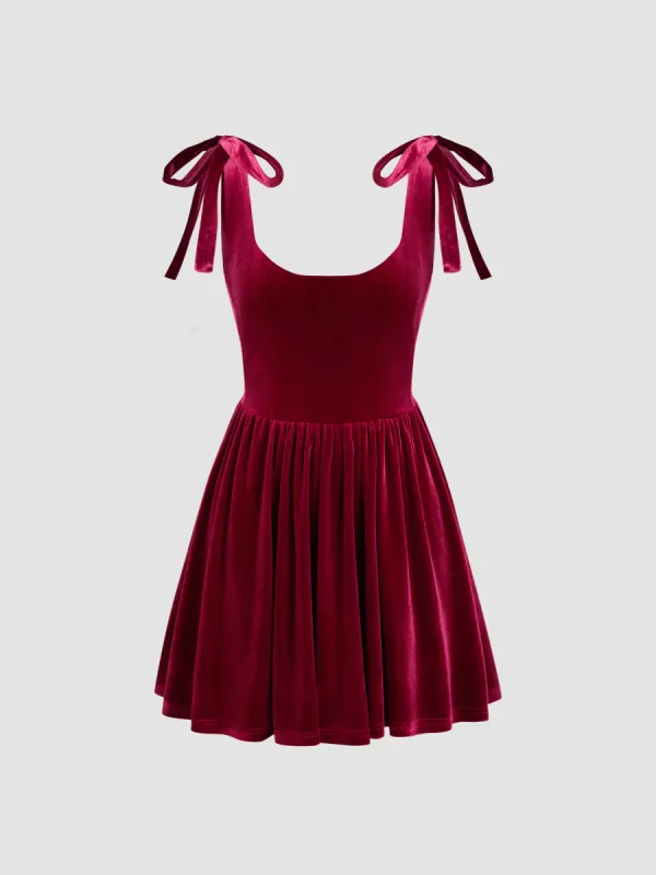 Velvet Square Neck Solid Ruffle Knotted Mini Dress sold by Cider