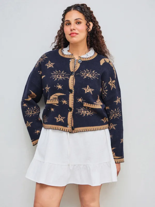 Knit Round Neckline Star Sun Moon Contrasting Binding Long Sleeve Cardigan Curve & Plus sold by Cider