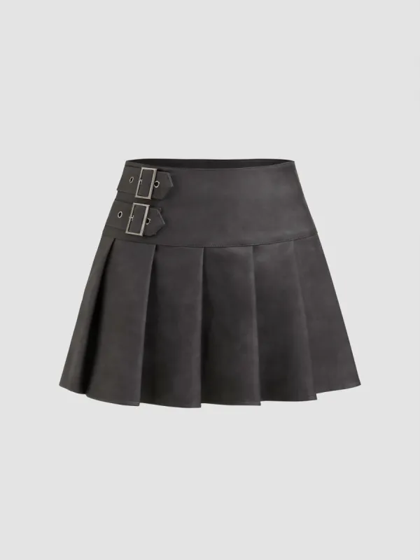 Faux Leather Mid Rise Solid Pleated Double Belted Mini Skort sold by Cider