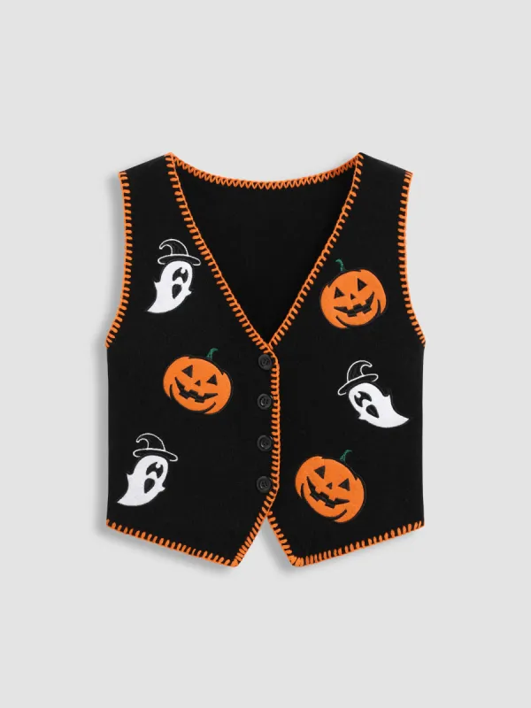 Knitted V-neck Pumpkin Ghost Contrasting Binding Vest sold by Cider