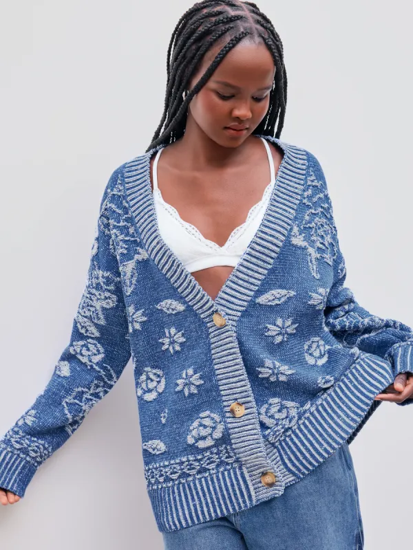 Knit V-neck Striped Floral & Leaf Button Oversized Cardigan sold by Cider