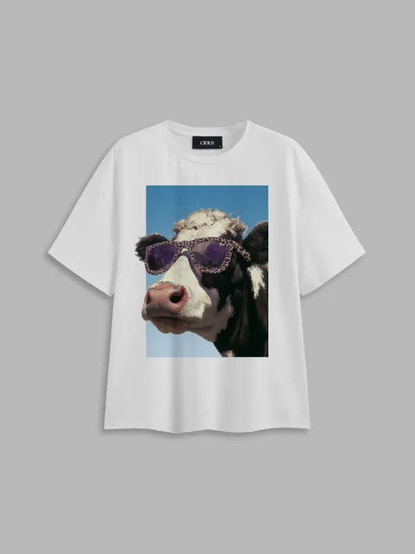 Round Neckline Leopard Glasses Cow Graphic Oversized Tee sold by Cider
