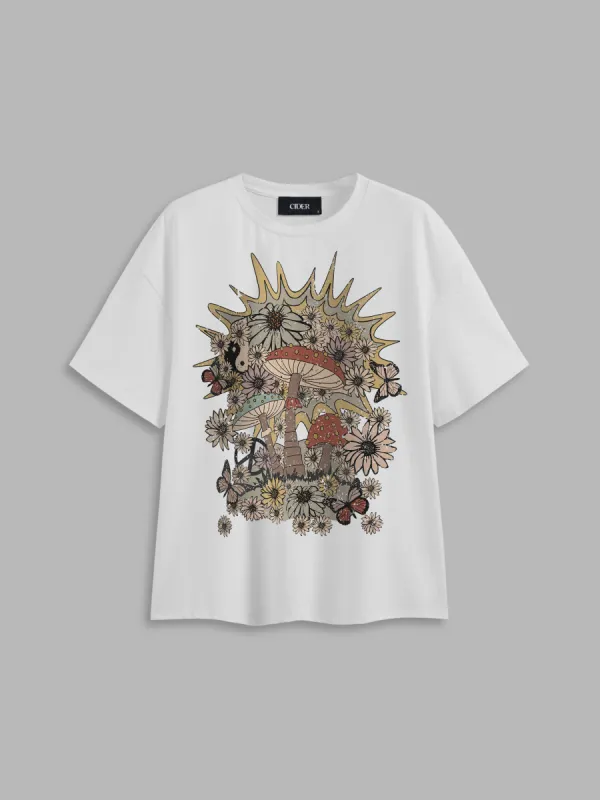 Cotton-blend Round Neckline Floral Butterfly Mushroom Graphic Oversized Tee sold by Cider