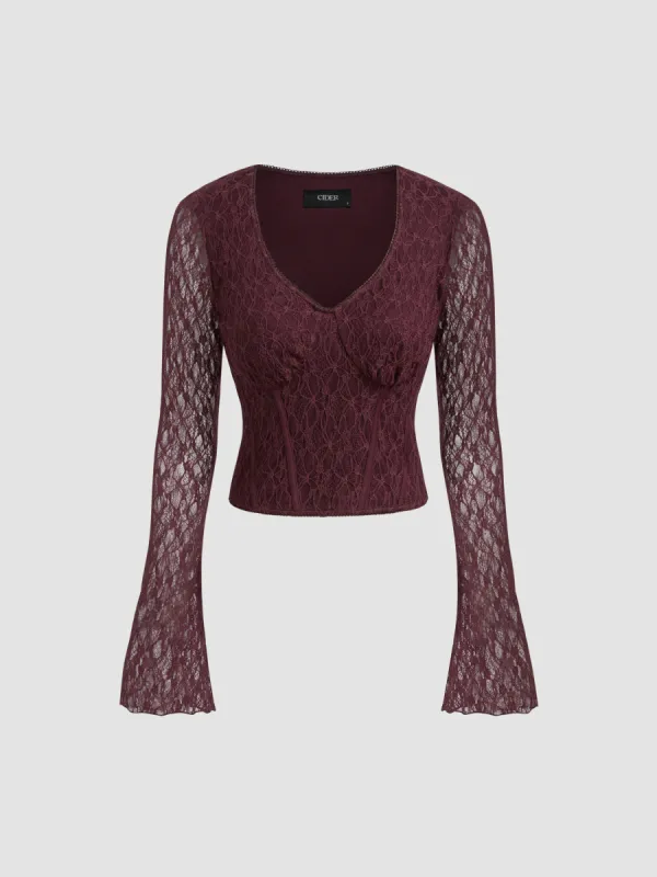 Lace V-neck Solid See-through Long Sleeve Crop Top sold by Cider