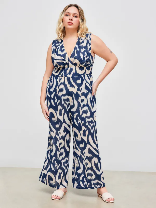 Woven V-neck Abstract Pocket Sleeveless Wide Leg Jumpsuit Curve & Plus sold by Cider