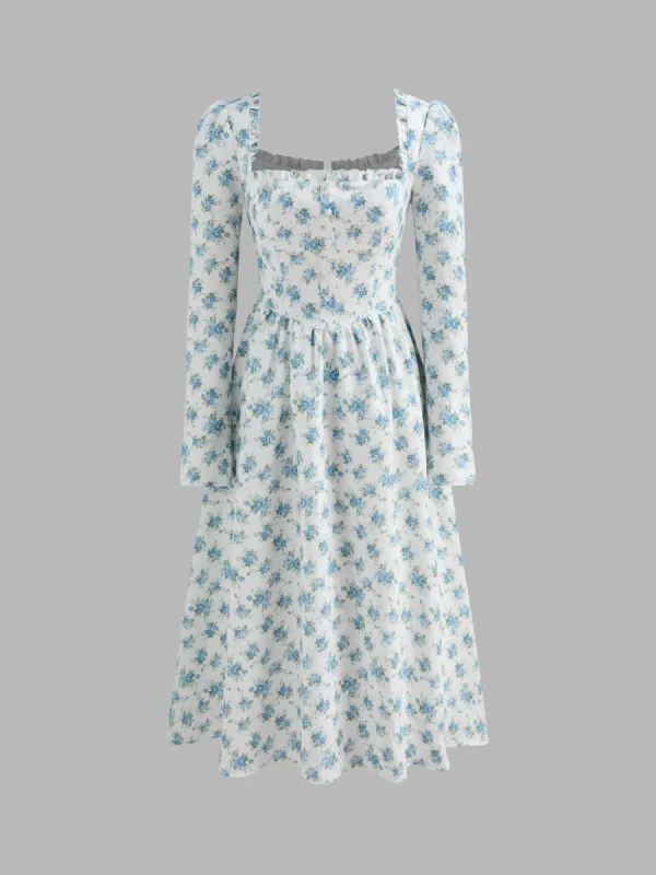 Square Neck Floral Ruffle Lettuce Trim Midi Dress sold by Cider