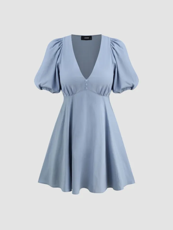 Cotton-blend V-neck Solid Ruffle Mini Dress sold by Cider