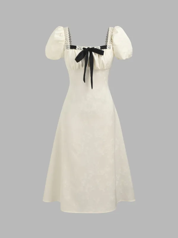 Satin Square Neck Floral Bowknot Midi Dress sold by Cider