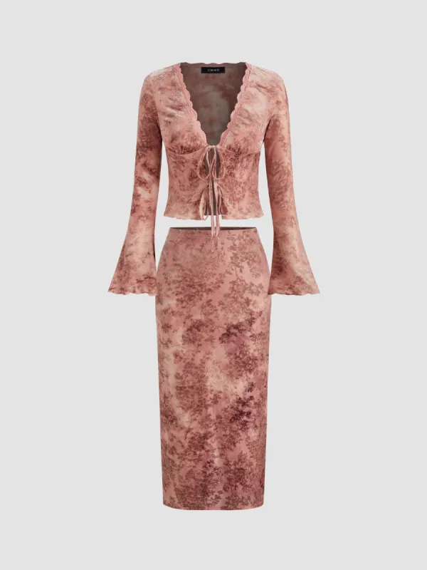 Mesh V-neck Floral Tie Front Top & Mid Rise Floral Maxi Skirt Set sold by Cider