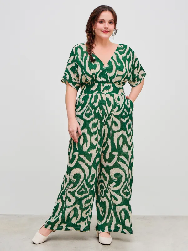 V-neck Abstract Pocket Zipper Jumpsuit Curve & Plus sold by Cider