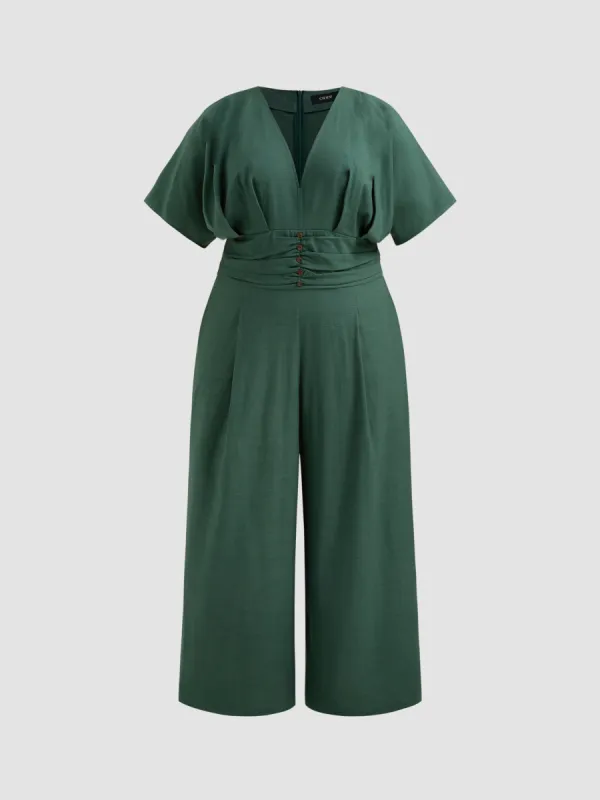Cotton-blend V-neck Solid Shirred Pocket Button Jumpsuit Curve & Plus sold by Cider