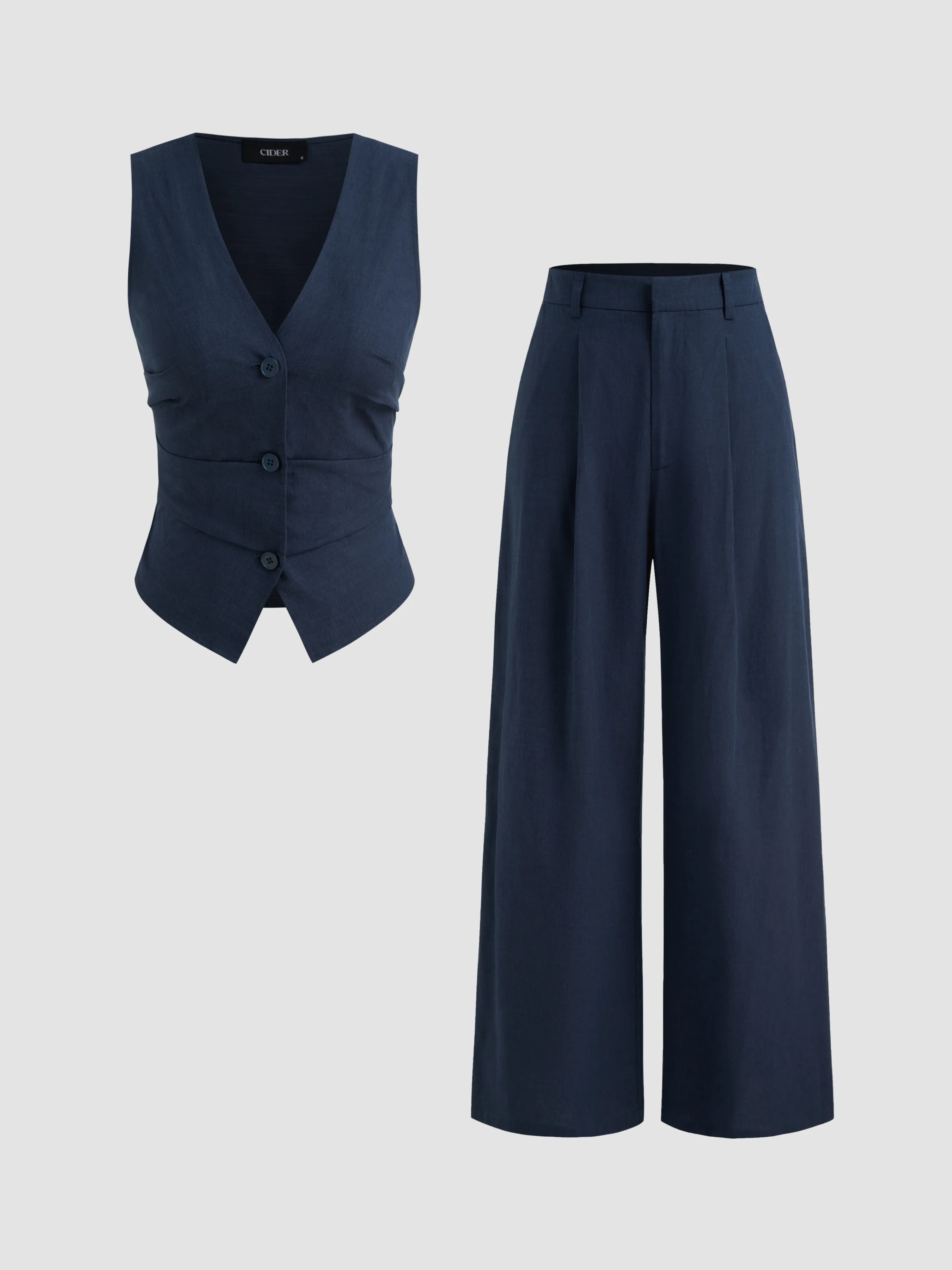 Cotton-blend V-neck Solid Button Vest & Mid Rise Pocket Wide Leg Trousers sold by Cider