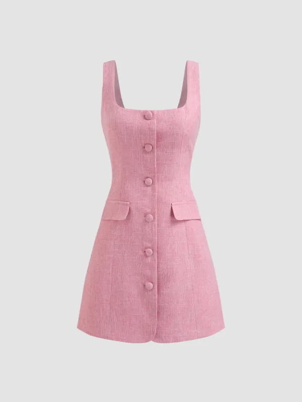 Tweed Square Neck Solid Button Pocket Mini Dress sold by Cider
