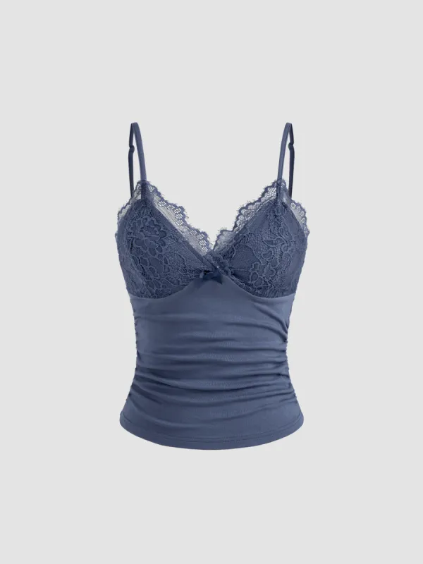 V-neck Solid Lace Ruched Cami Top sold by Cider