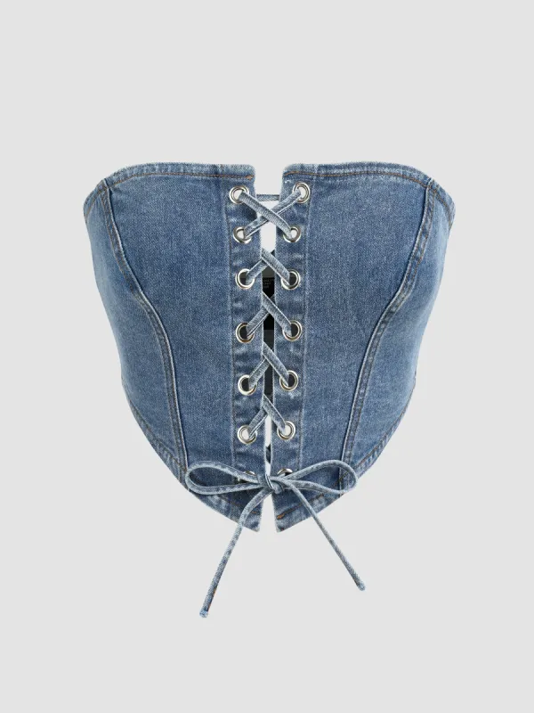 Denim Lace Up Corset Crop Tube Top sold by Cider