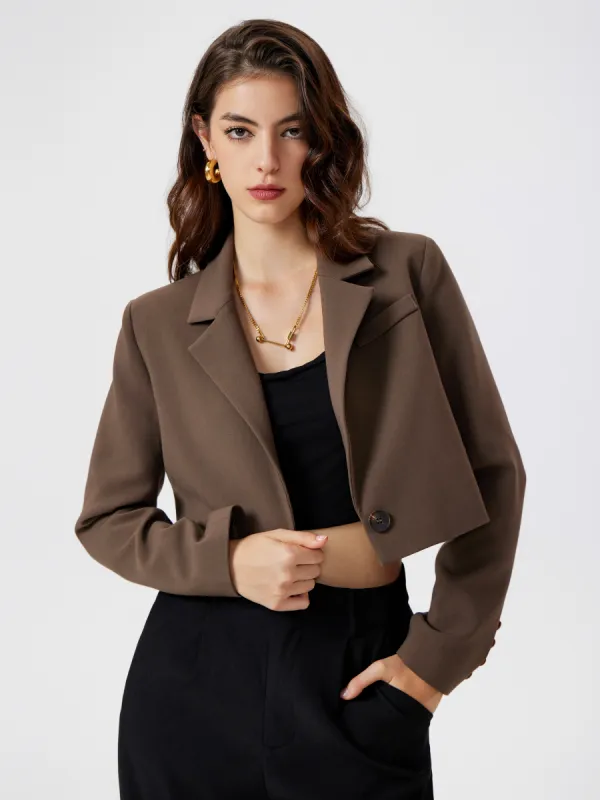 Collar Solid Button Crop Blazer sold by Cider