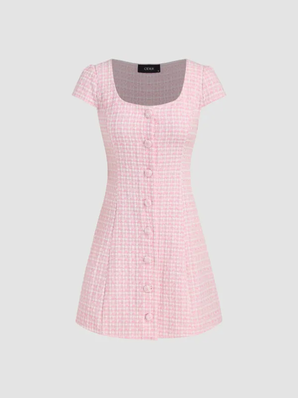 Tweed Square Neck Check Button Mini Dress sold by Cider