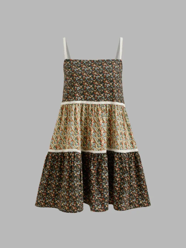 100% Cotton Square Neck Ditsy Floral Colorblock Ruffle Tiered Mini Dress sold by Cider