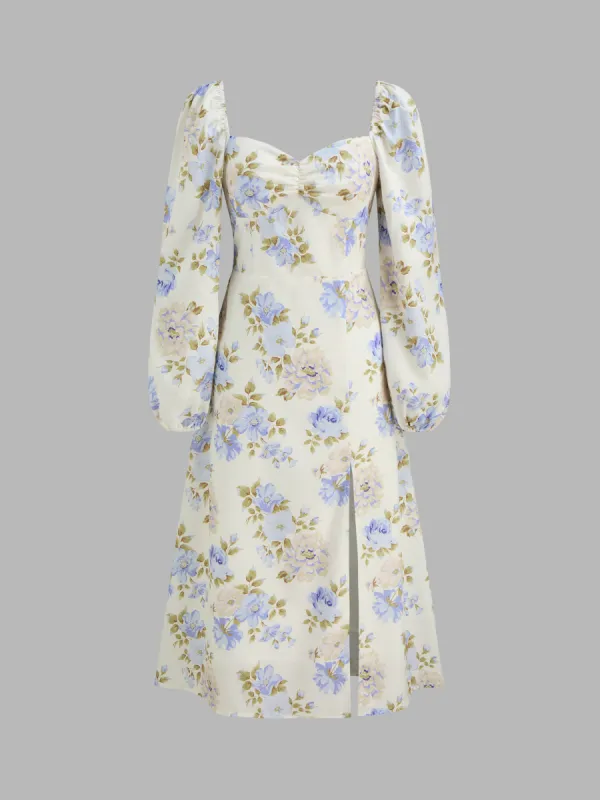 Sweetheart Neckline Floral Split Shirred Midi Dress made by Cider